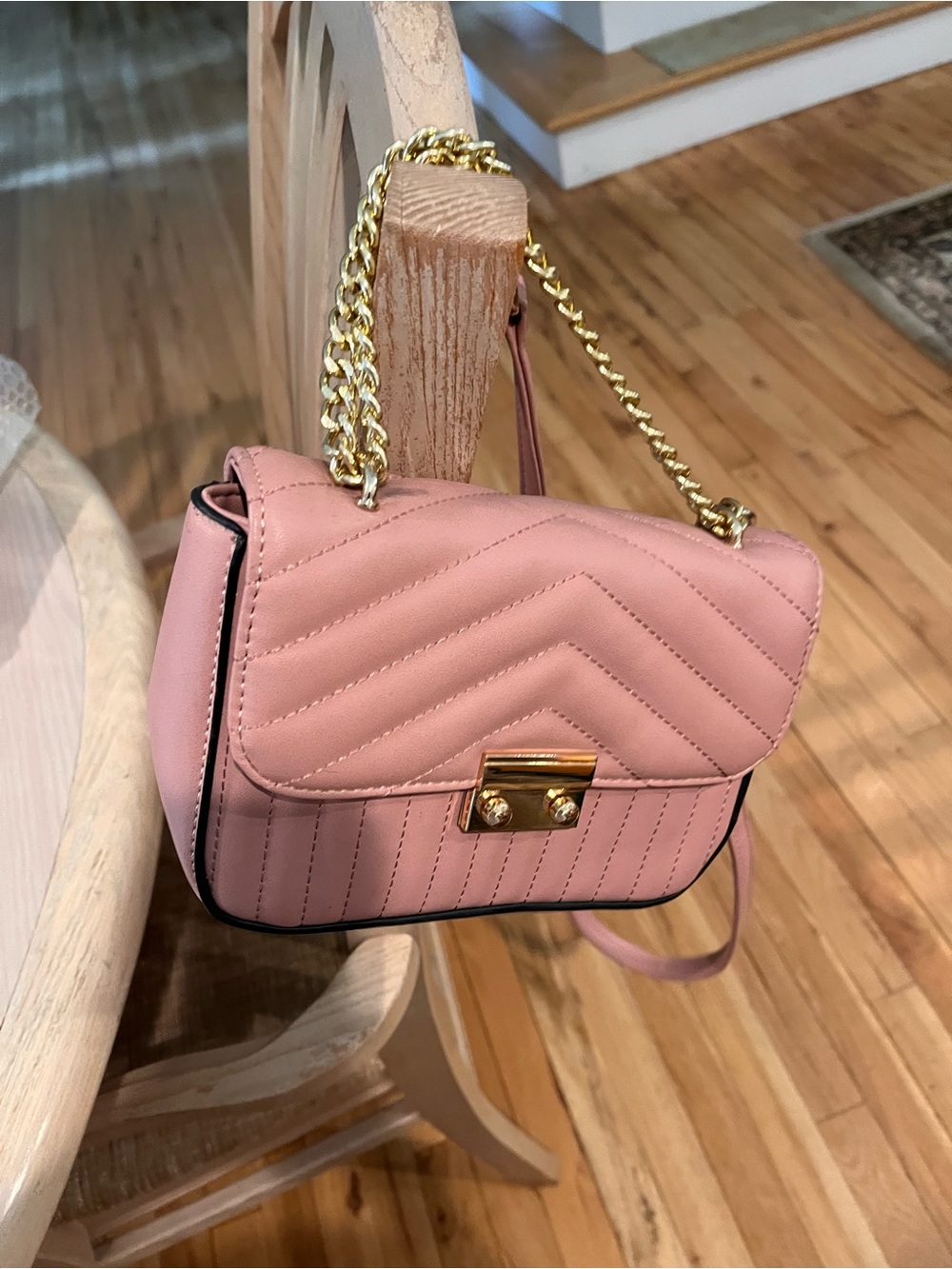 Quilted Blush Crossbody Bag with Gold Chain Strap
